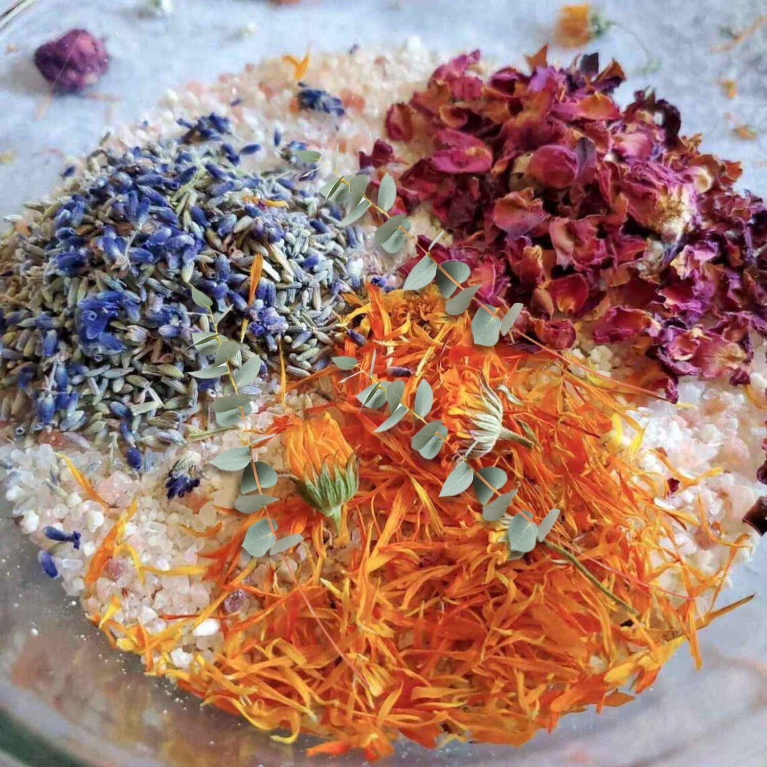 Bath Salts with dried botanicals like Calendula, rose petals and lavender